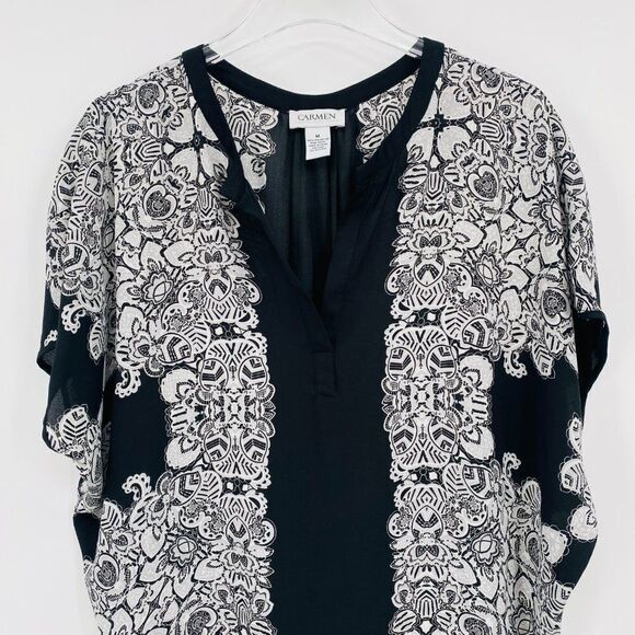 Carmen Marc Valvo Size Medium Black & White Printed V Neck Kimono Style Blouse - Picture 2 of 9